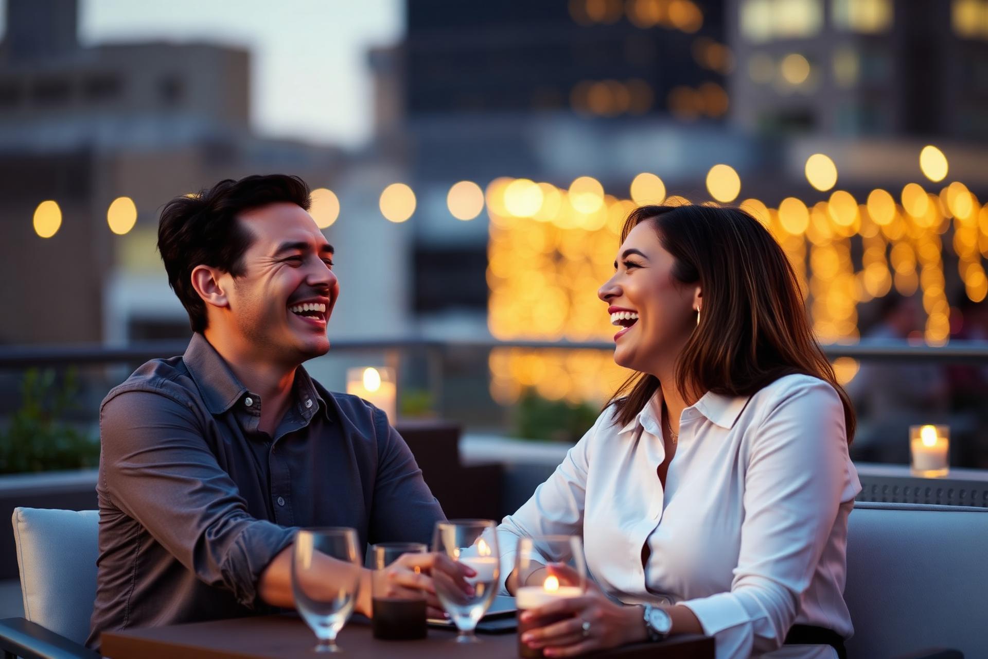 Two friends laughing at a rooftop gathering at dusk