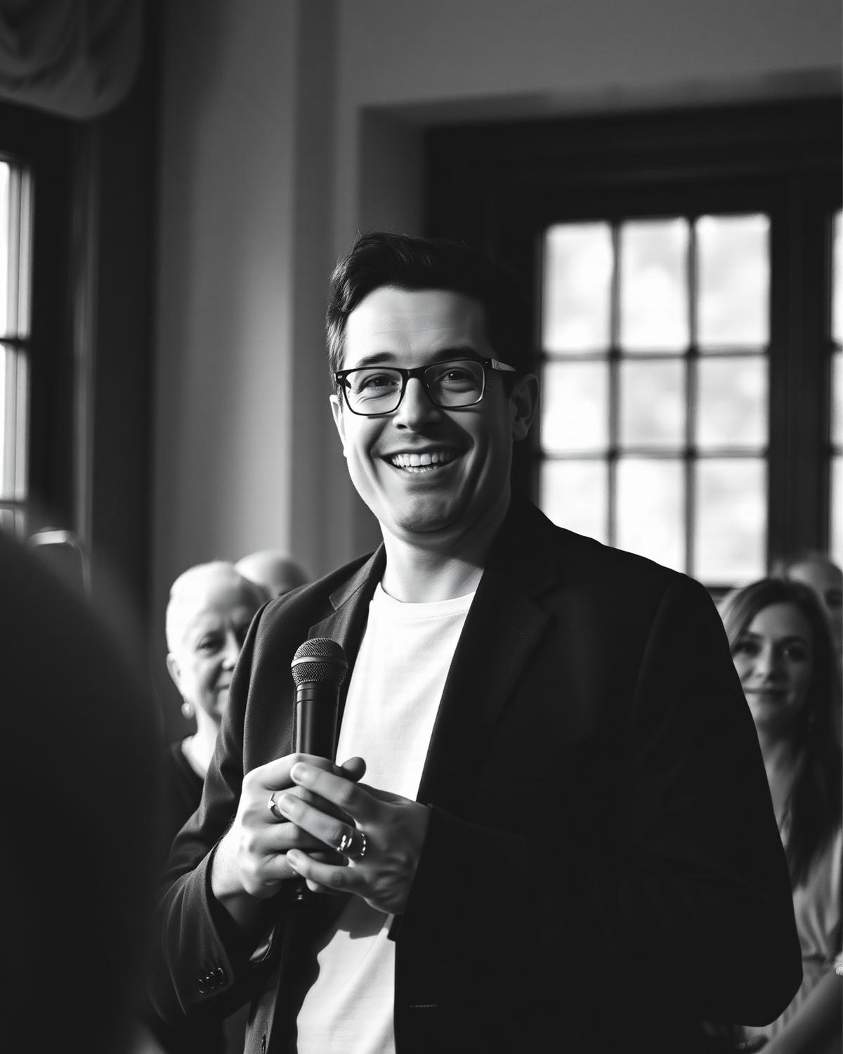 A host mid-speech at an intimate gathering
