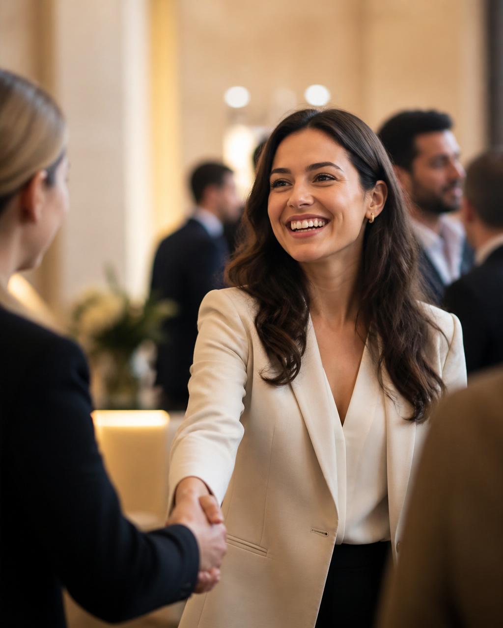 A professional warmly greeting a colleague at a Rockstar Connect event