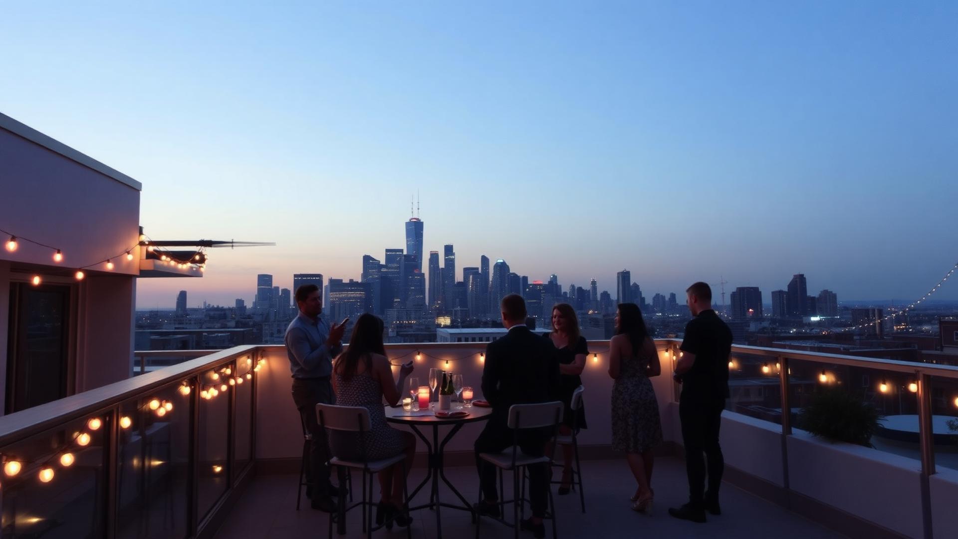 Rooftop gathering at dusk